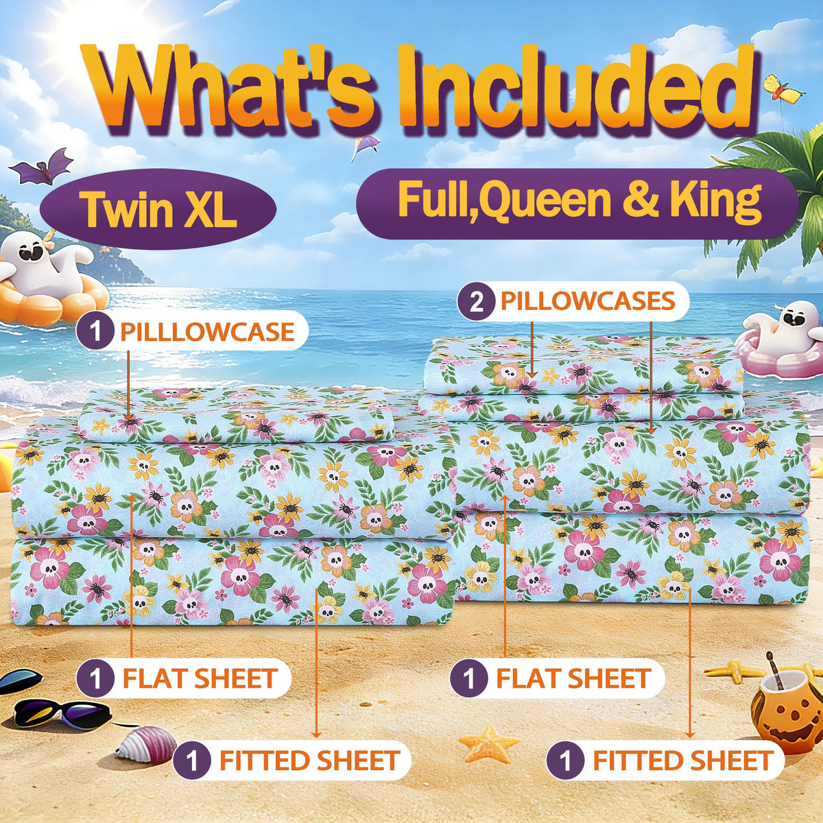 Summerween Soft Microfiber Sheet Set, 4- Piece, Floral Skulls, Full