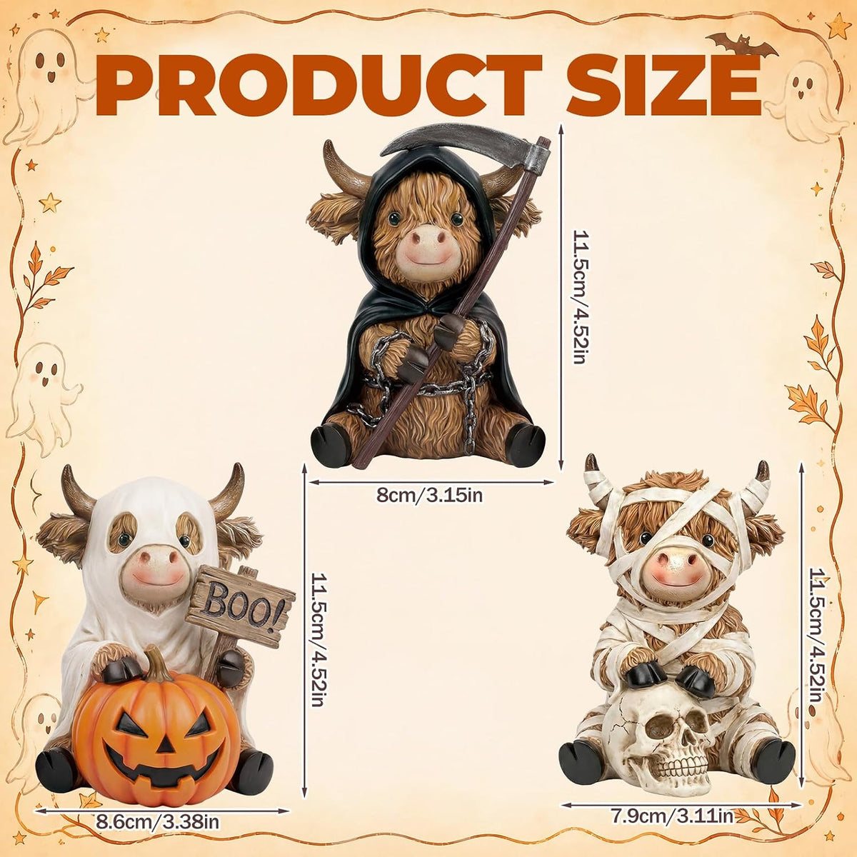 3 Pcs Halloween Highland Cow Figurines, Mummy Reaper Ghos Decor