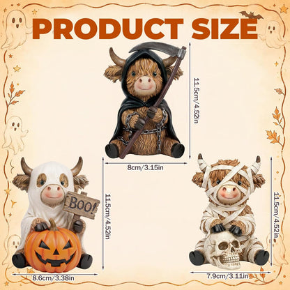 3 Pcs Halloween Highland Cow Figurines, Mummy Reaper Ghos Decor