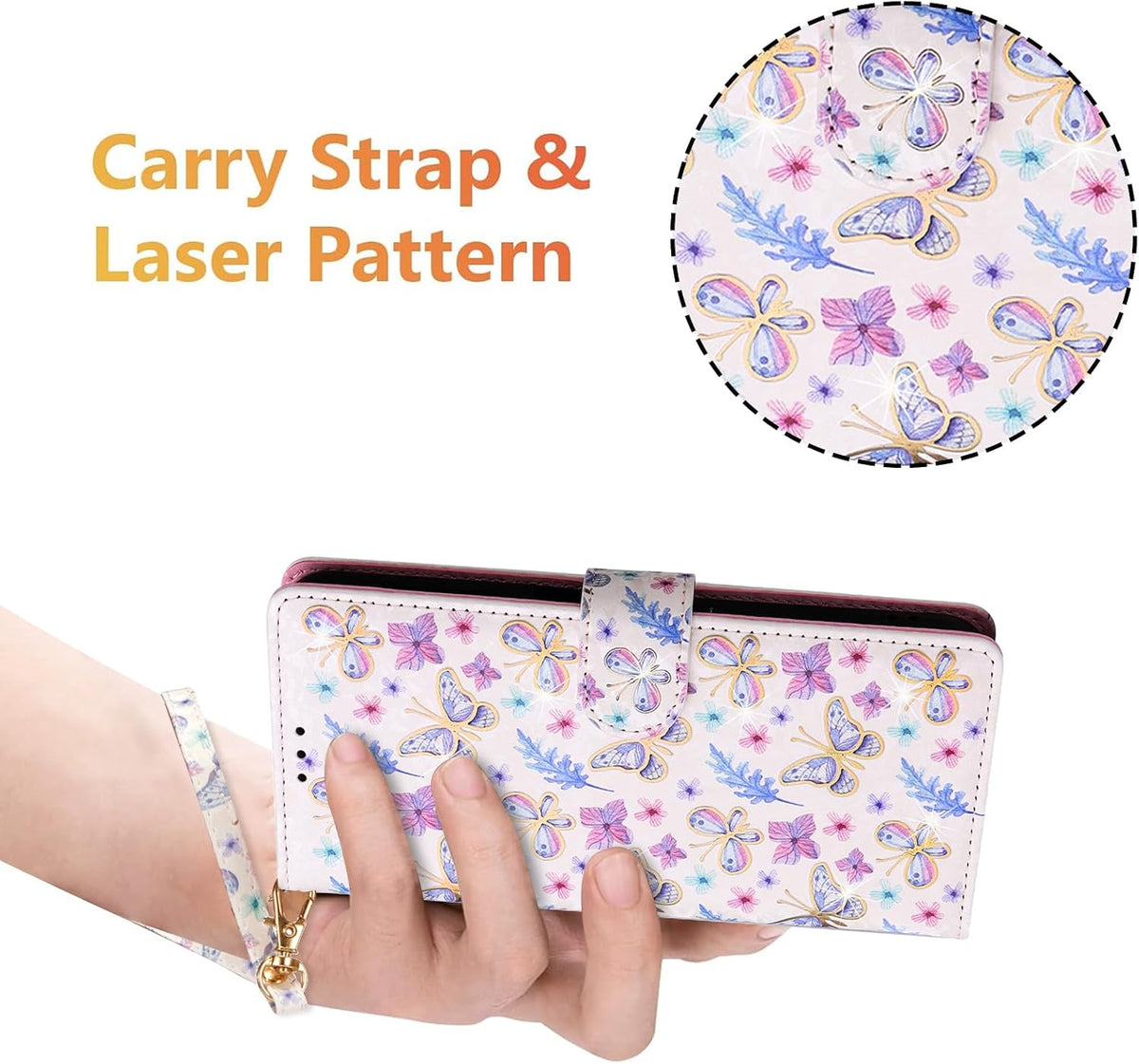 Wallet Case for Samsung Galaxy A16 4G/5G, PU Leather Phone Cover Kickstand RFID Blocking Flip Case Card Slots Wrist Strap Relief Engraved Pattern Magnetic Closure Folio Cover - Butterfly