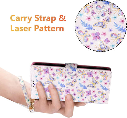 Wallet Case for Samsung Galaxy A16 4G/5G, PU Leather Phone Cover Kickstand RFID Blocking Flip Case Card Slots Wrist Strap Relief Engraved Pattern Magnetic Closure Folio Cover - Butterfly
