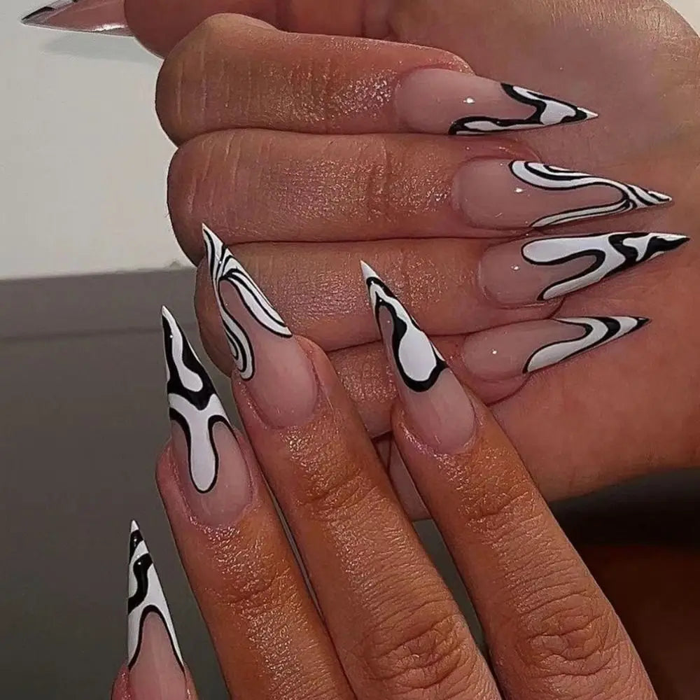 24Pc Halloween False Nails Long Almond Fake Nails Sharp Nail French Ballerina Diamond Press on Nails Artificial Nail Enhancement
