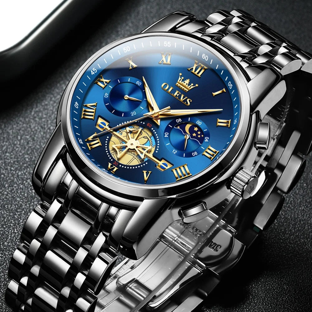 Mens Watches Chronograph Business Dress Quartz Stainless Steel Waterproof Luminous Date Wrist Watch for Men Blue Dial
