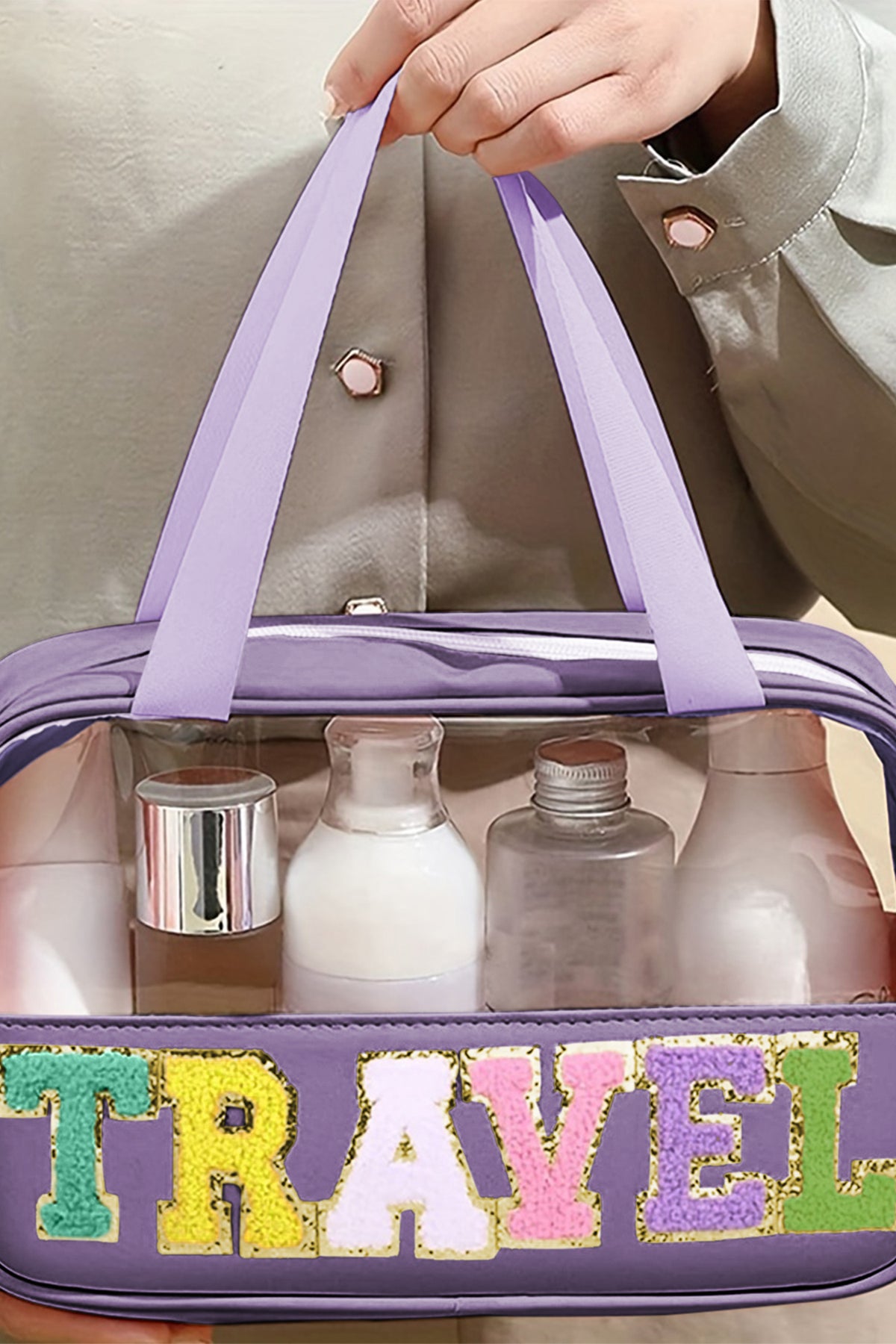 Purple TRAVEL Chenille Letter Clear PVC Makeup Bag