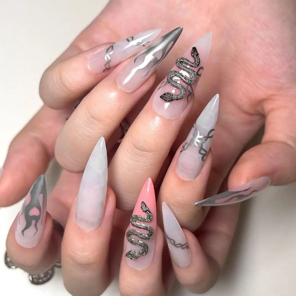24Pc Halloween False Nails Long Almond Fake Nails Sharp Nail French Ballerina Diamond Press on Nails Artificial Nail Enhancement