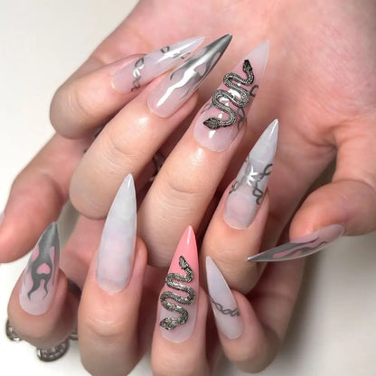 24Pc Halloween False Nails Long Almond Fake Nails Sharp Nail French Ballerina Diamond Press on Nails Artificial Nail Enhancement