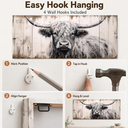 Large Highland Cow Canvas Wall Art, Black and White Cow Picture, 20X40 Inch