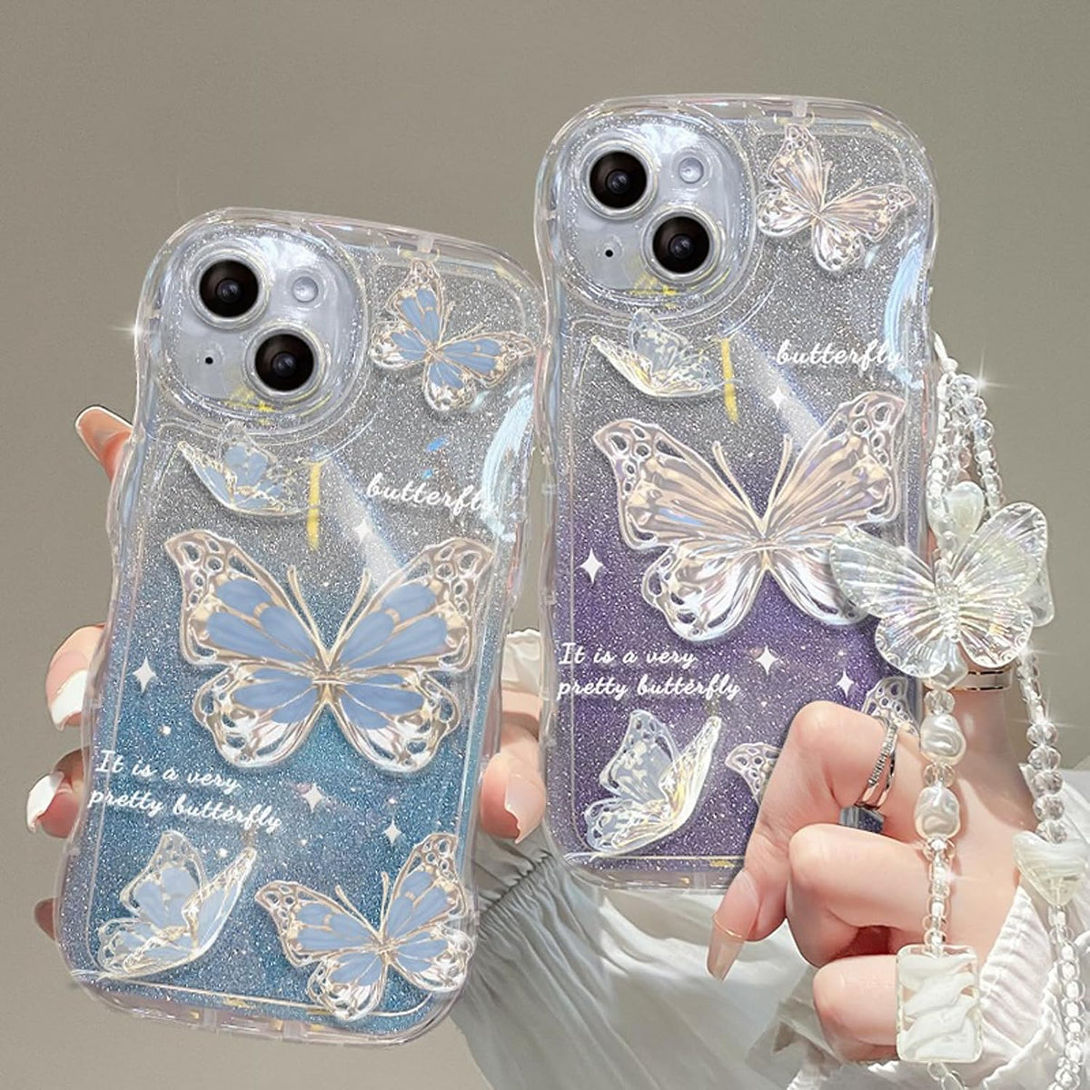 Cute Butterfly Glitter Bling Case Compatible with Iphone 13 | Anti-Scratch Shockproof Case, for Women/Girls, Blue with Bracelets.